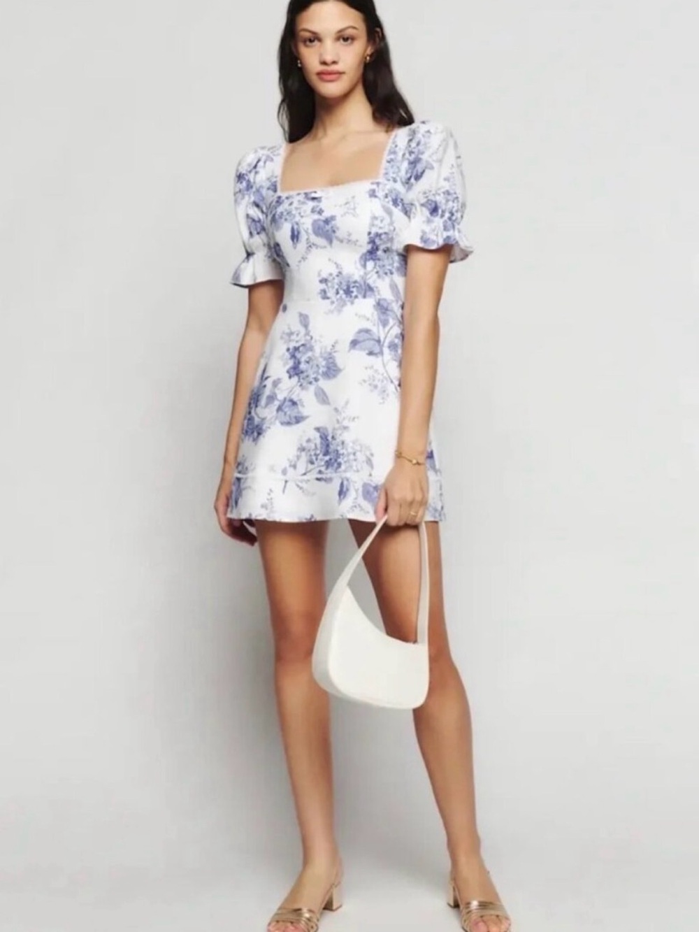 Reformation Evianna White Mini Dress with Blue Floral Print